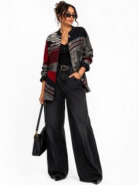 Indigo Moon Patchwork Mixed Print Wearable Art Artsy Lagonlook Jacket-Size Large